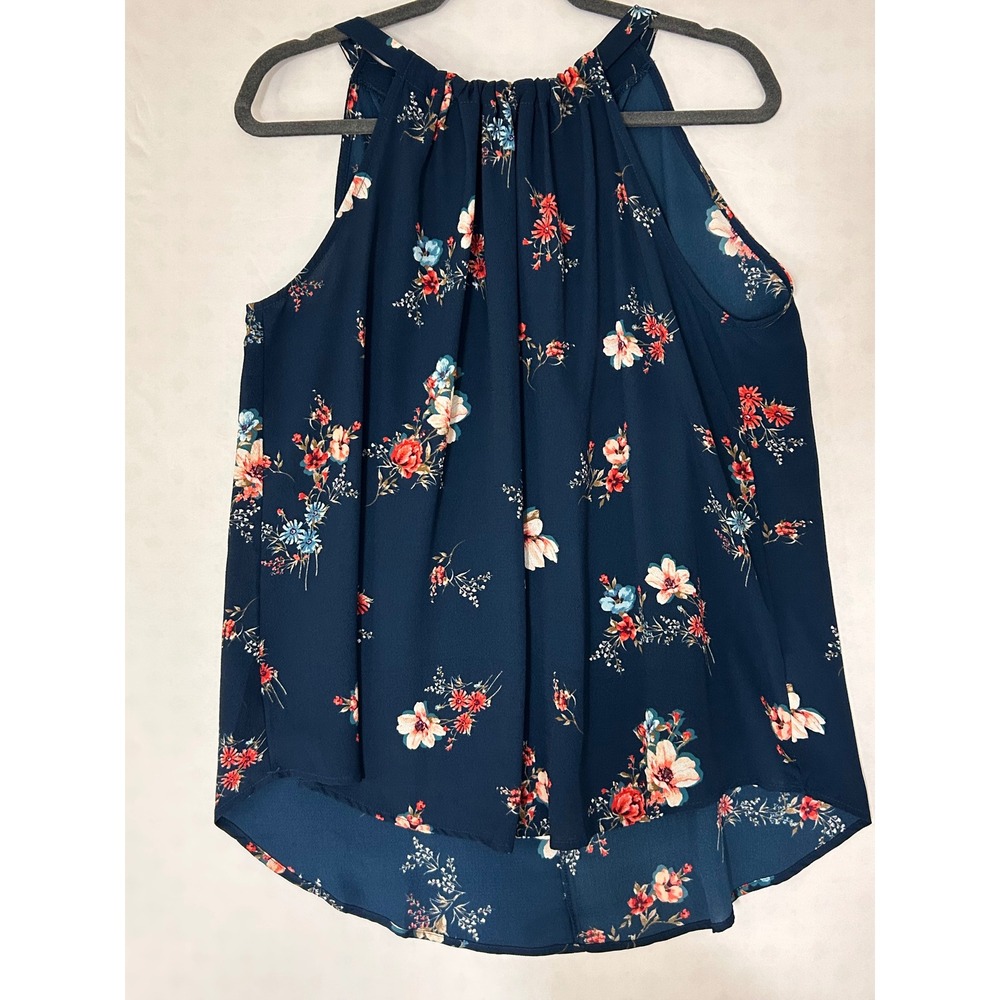 Gibson Navy Blue Floral Halter Neck Sleeveless Blouse Tie Back High Low Top M